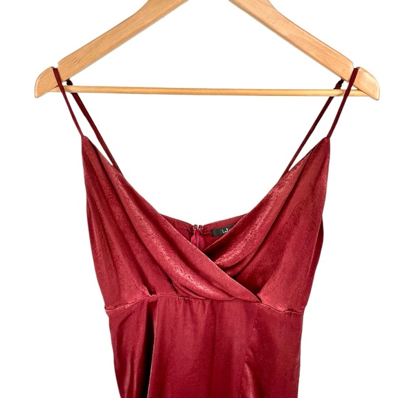 Lulus NWT Constantine Burgundy Satin Maxi Dress Size XL Side Slit Surplice Neck - Picture 4 of 16